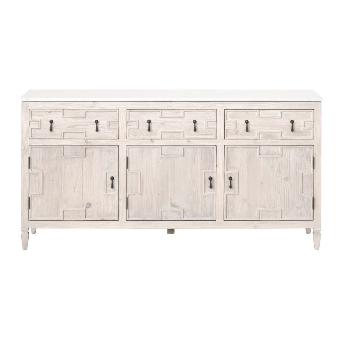 Emerie Media Sideboard: White wood with quartz top, 3 drawers, 3 cabinets, geometric carved doors.