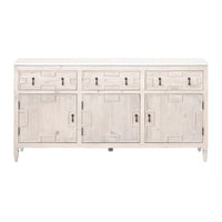 Emerie Media Sideboard: White wood with quartz top, 3 drawers, 3 cabinets, geometric carved doors.