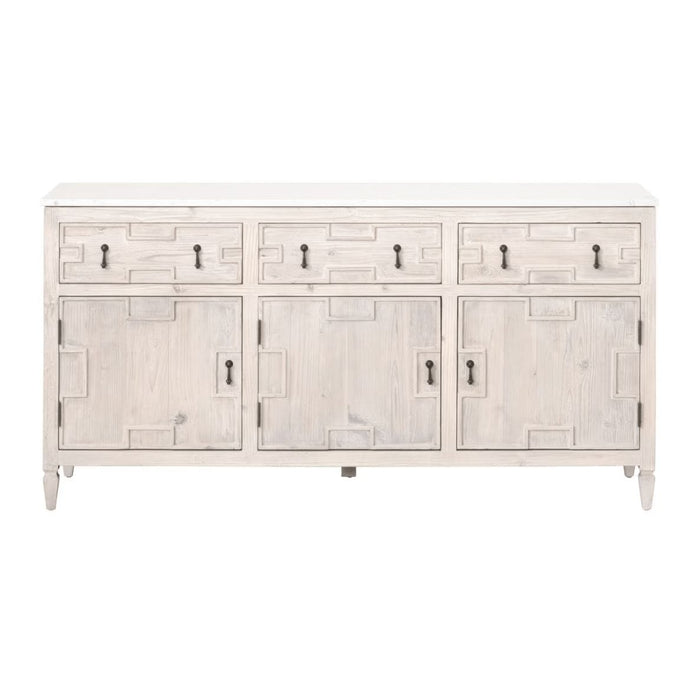 Emerie Media Sideboard: White wood with quartz top, 3 drawers, 3 cabinets, geometric carved doors.