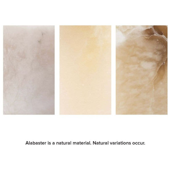 Three rectangular samples of natural alabaster stone, showing variations in white, cream, and light brown tones.