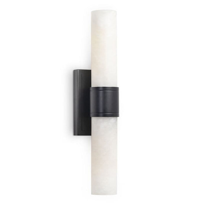 Emmett oil rubbed bronze double-ended sconce with natural alabaster stone covers.