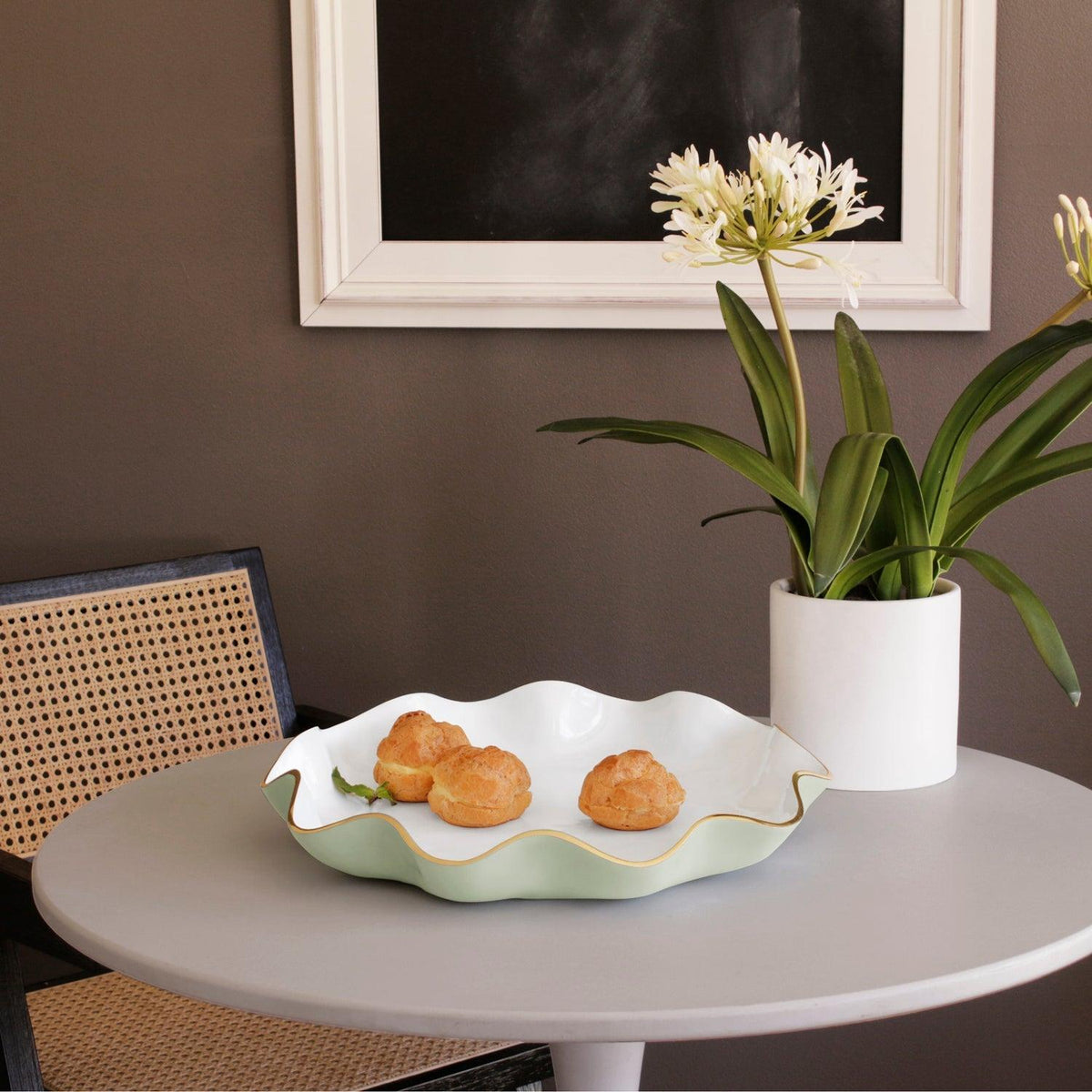 Encanto Carola Pistachio Green & White Large Round Platter - Platter Top View | Bone & Brass