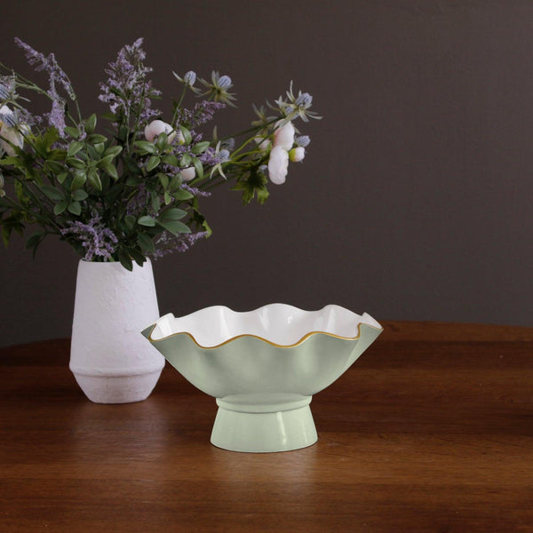 Encanto Carola Small Pedestal Bowl, Pistachio Green & White - Pedestal Detail | Bone & Brass