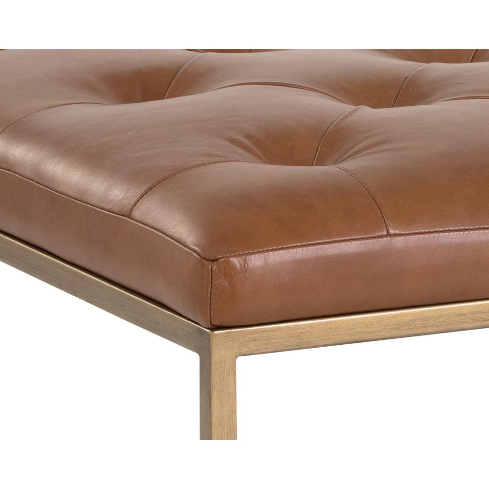 Endall Square Upholstered Ottoman, Brass & Vintage Camel Leather - Ottoman Detail | Bone & Brass