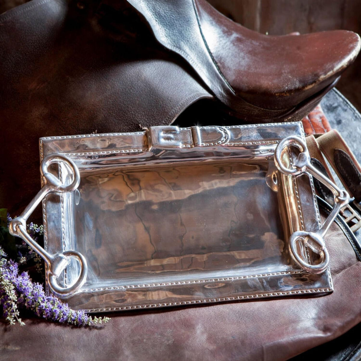 Equestrian Silver Rectangle Large Serving Tray - Tray Detail | Bone & Brass