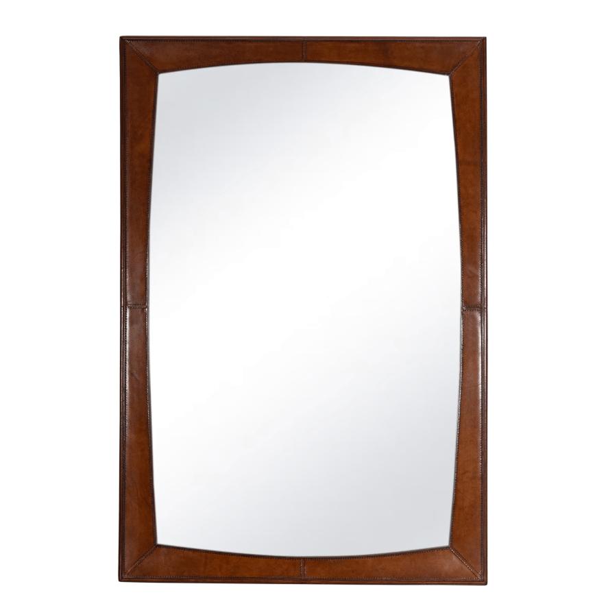 Estaban Leather Mirror: Rectangular mirror with rounded edges, framed in rich brown leather with visible stitching.