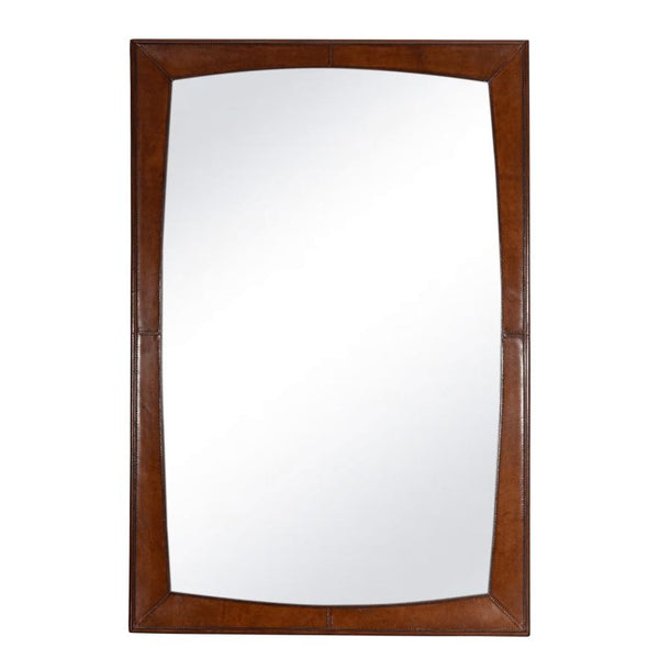 Estaban Leather Mirror: Rectangular mirror with rounded edges, framed in rich brown leather with visible stitching.