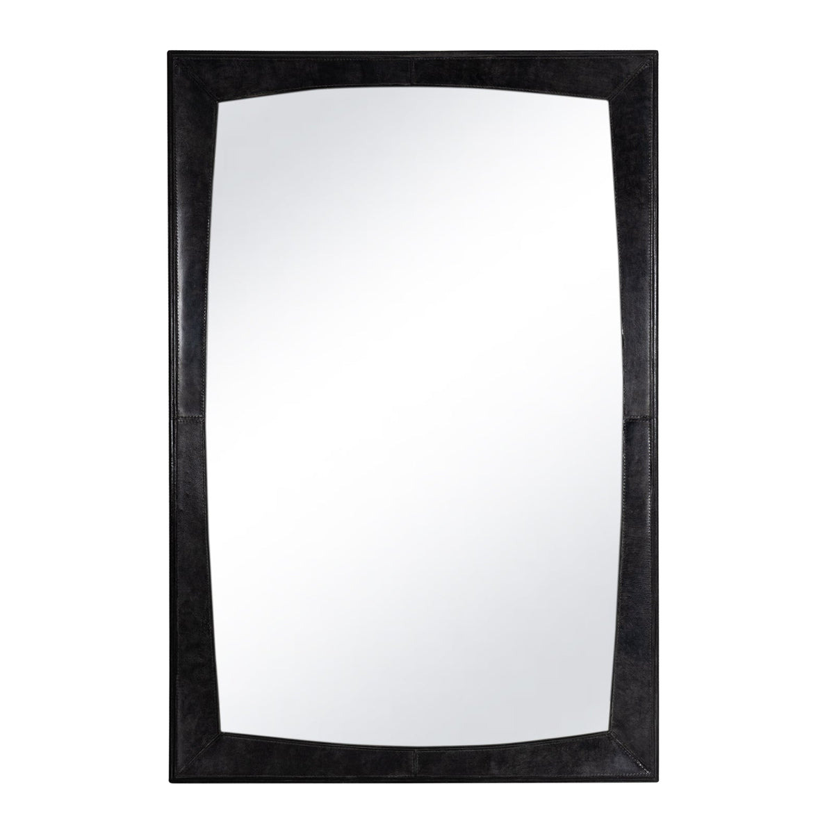 Estaban Leather Mirror: Rectangular dark leather-wrapped frame with rounded inner edges, 42" x 28".