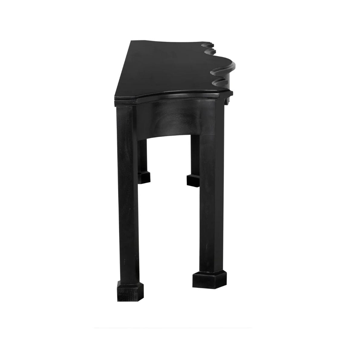 Elegant Estate Console with hand-rubbed black finish, classic style, and curved top.