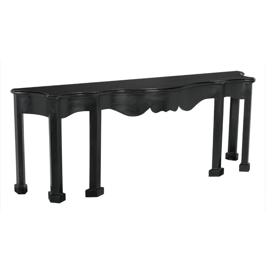 Elegant Estate Console in hand-rubbed black finish, featuring a long, curved top and classic style.