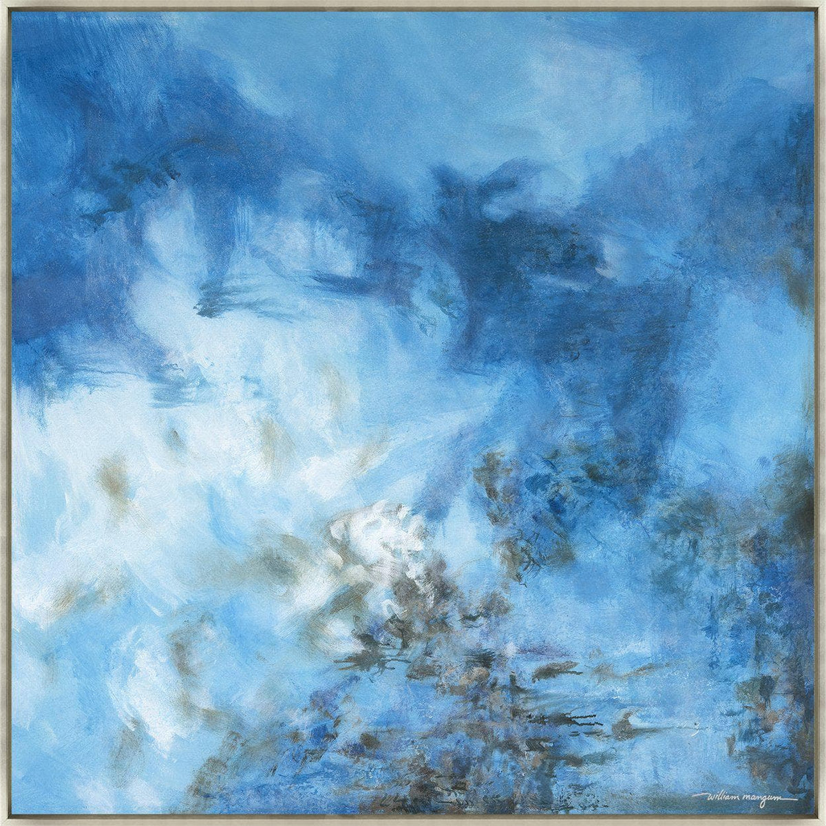 Abstract blue giclee canvas painting by William Mangum, featuring cool tonal depth and brush gel finish strokes.