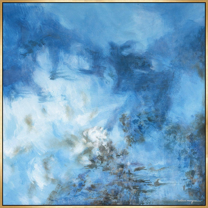 Abstract Ethereal Blue Giclee Canvas Painting by William Mangum, framed in gold.