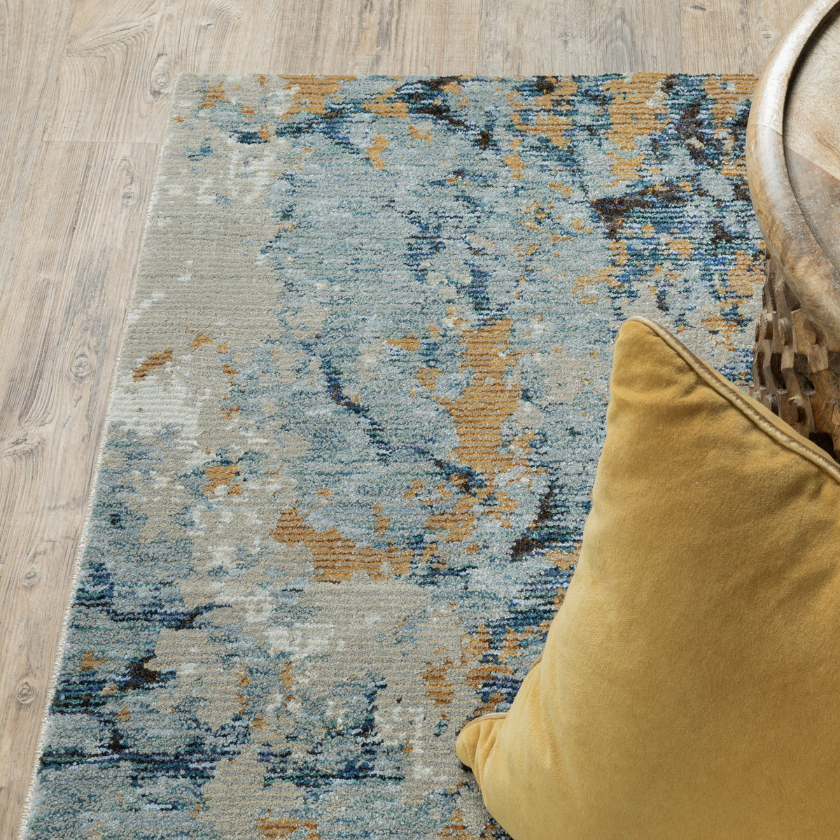 Evolution Blue & Gold Contemporary Rug with abstract design, textured yarns, and shiny/matte finishes.