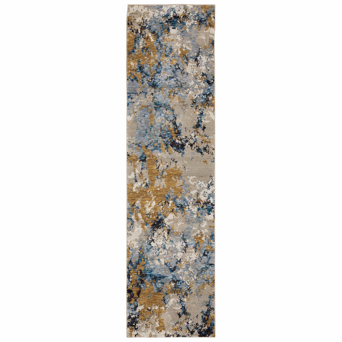 Evolution Blue & Gold Contemporary Rug runner with abstract landscape design, textured yarns, and shiny/matte finishes.