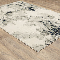 Evolution Contemporary Rug: Ivory, Charcoal & Black with natural landscape design, shiny and matte yarns.