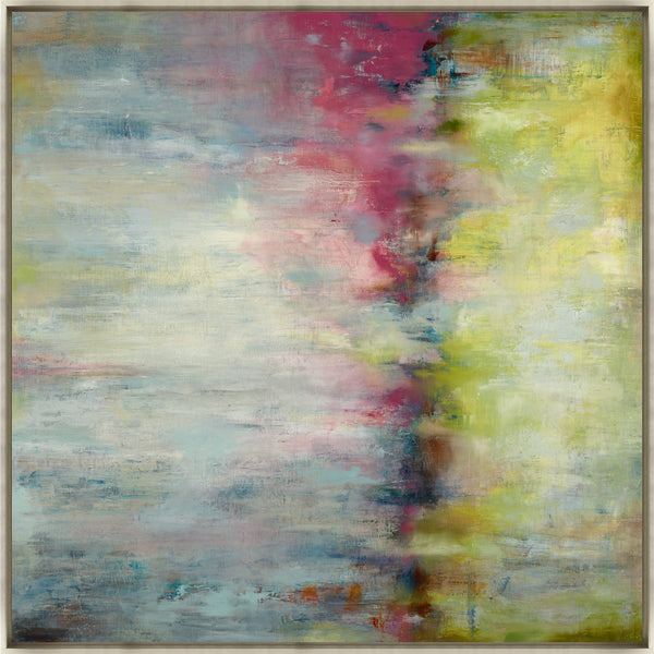 Abstract giclee painting with brushstrokes, featuring a vertical blend of pink, blue, yellow, and white hues.