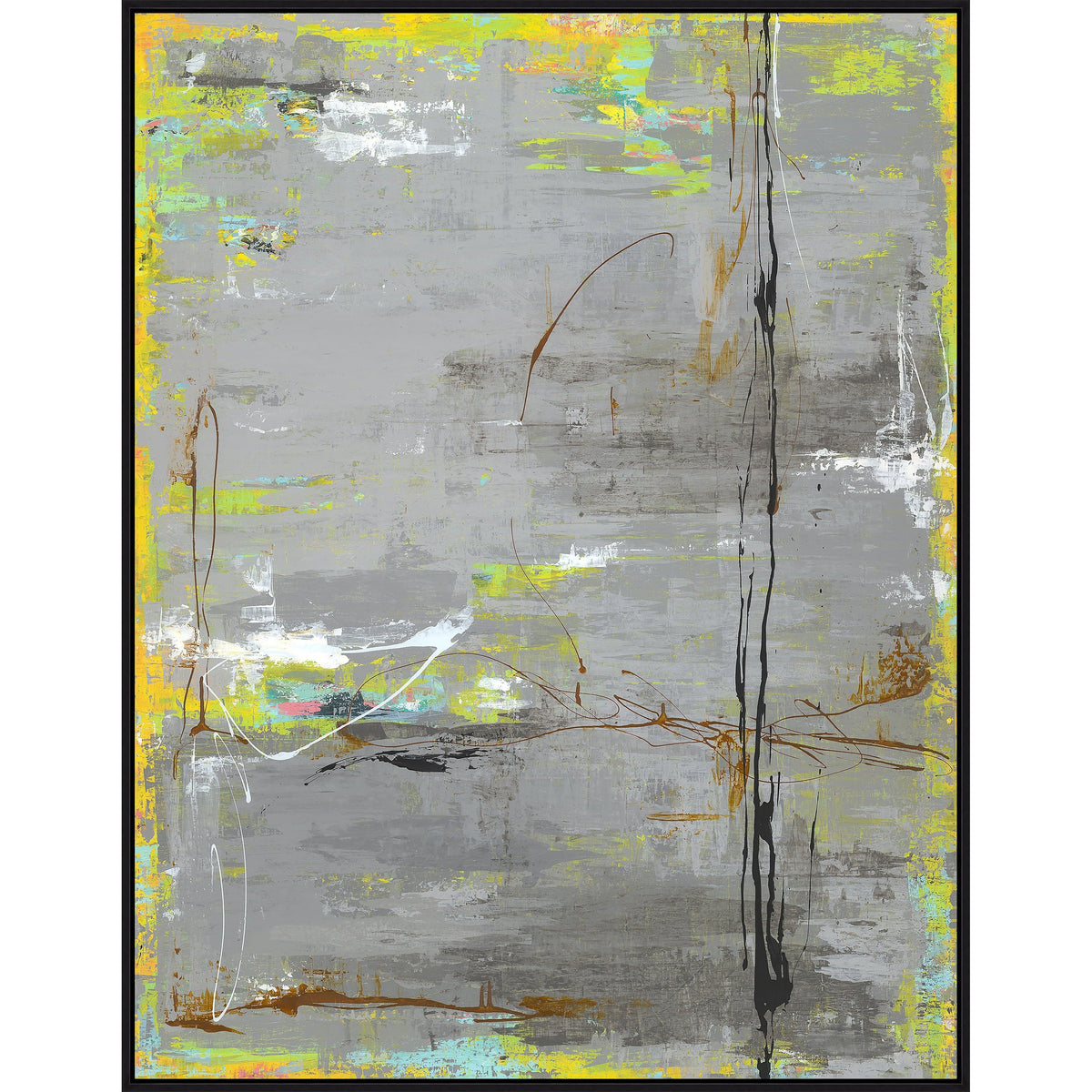 Bella Lane "Feel Thunder" abstract giclee painting with gray, yellow, white, and black brushstrokes.