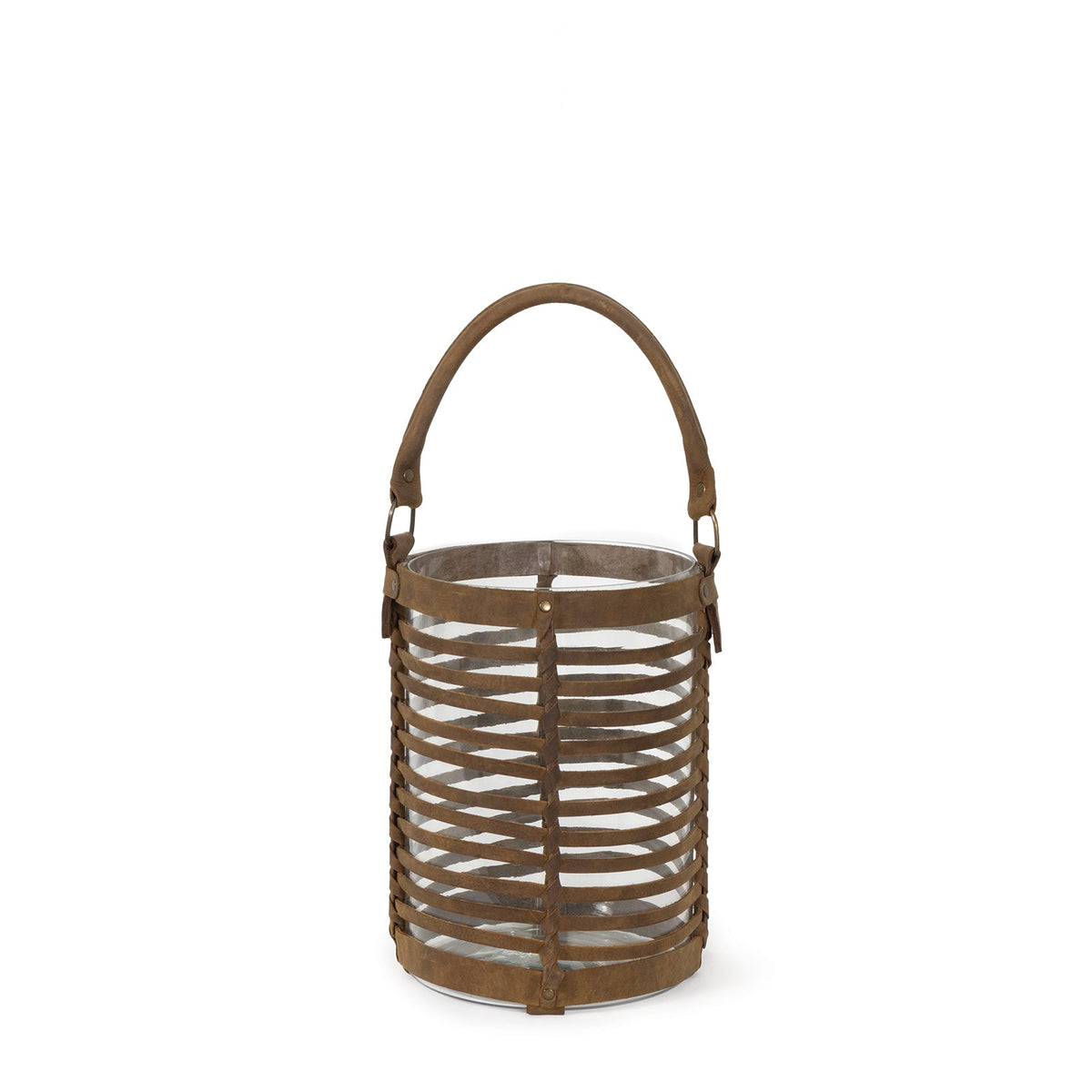 Small Finn Leather Hurricane lantern with woven brown leather base and clear glass insert.