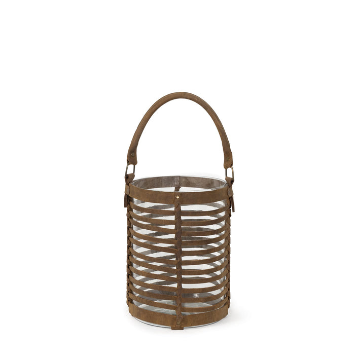 Small Finn Leather Hurricane lantern with woven brown leather base and clear glass insert.