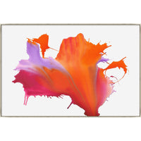 Abstract giclee canvas painting with vibrant orange, pink, and purple paint splashes on a white background.