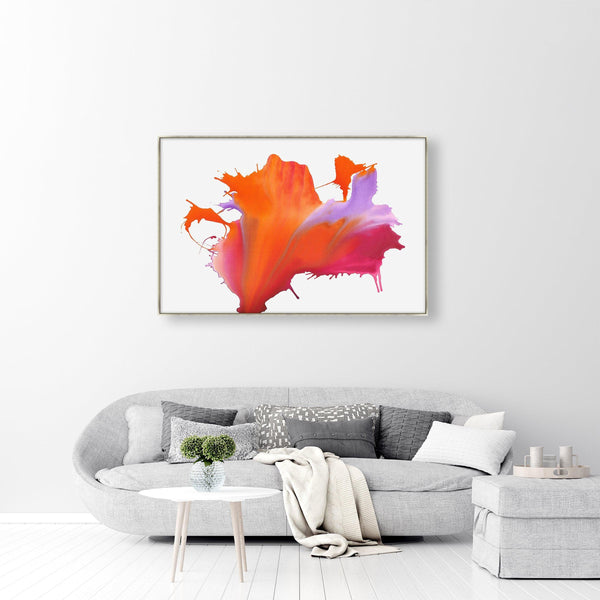 Abstract giclee canvas painting, "Fire My Soul II," with bold orange, pink, and purple strokes above a gray sofa.