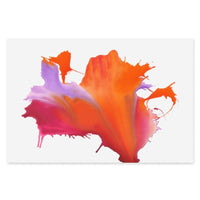 Abstract giclee canvas painting with bold orange, pink, and purple paint splashes on a white background.