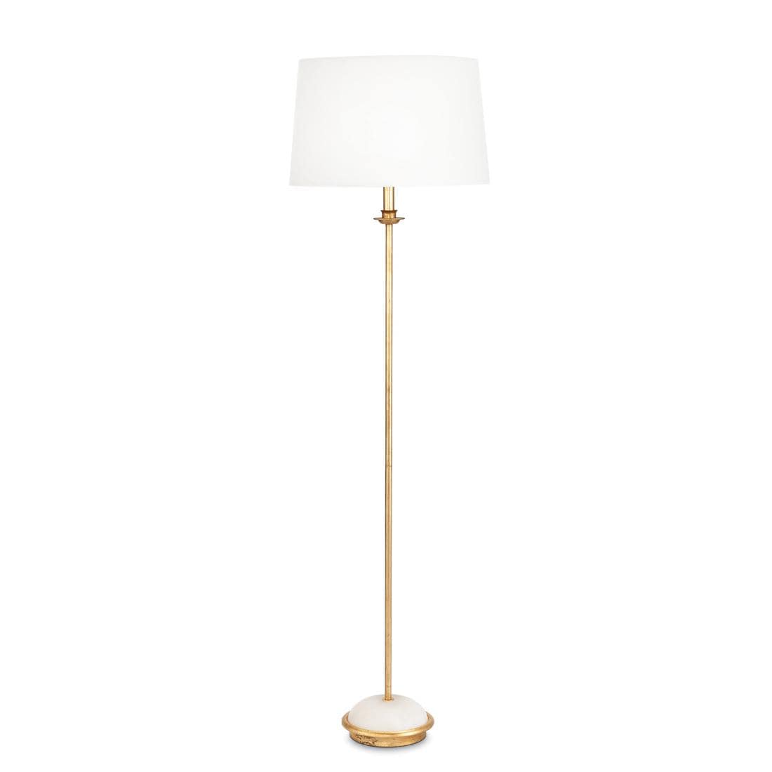 Fisher Floor Lamp with gold-leaf body, natural alabaster base, and white linen shade.