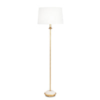 Fisher Floor Lamp with gold-leaf body, natural alabaster base, and white linen shade.