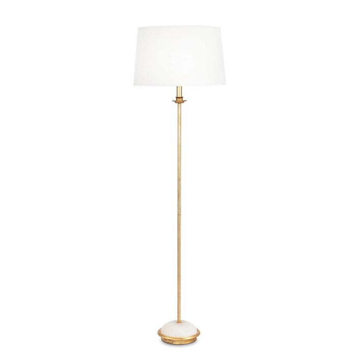 Fisher Floor Lamp with gold-leaf body, natural alabaster base, and white linen shade.