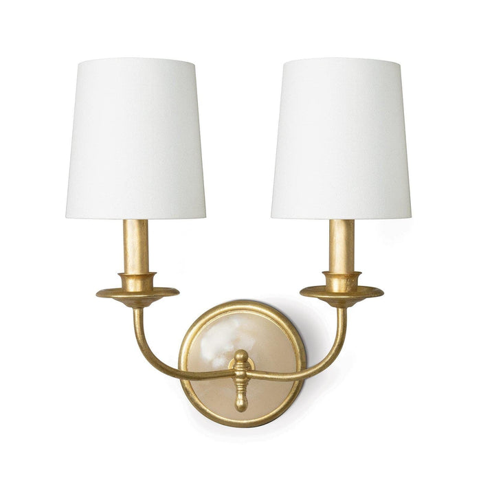 Fisher Sconce Double: elegant gold leaf fixture with alabaster backplate and two white linen shades.