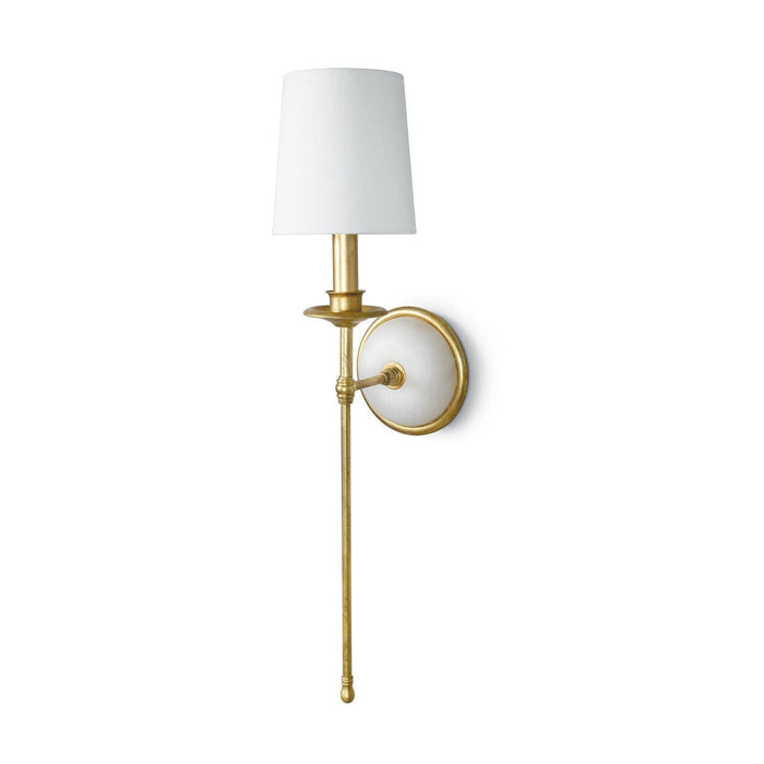 Fisher Sconce Single with a gold leaf finish, alabaster dome backplate, and natural linen shade.