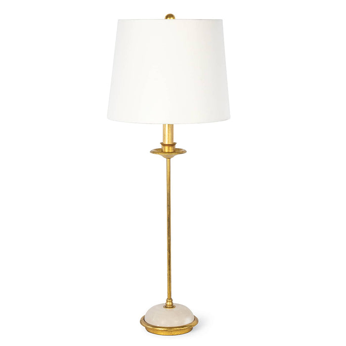 Elegant Fisher Stem Buffet Lamp with a gold leaf finish, alabaster base, and white linen shade.