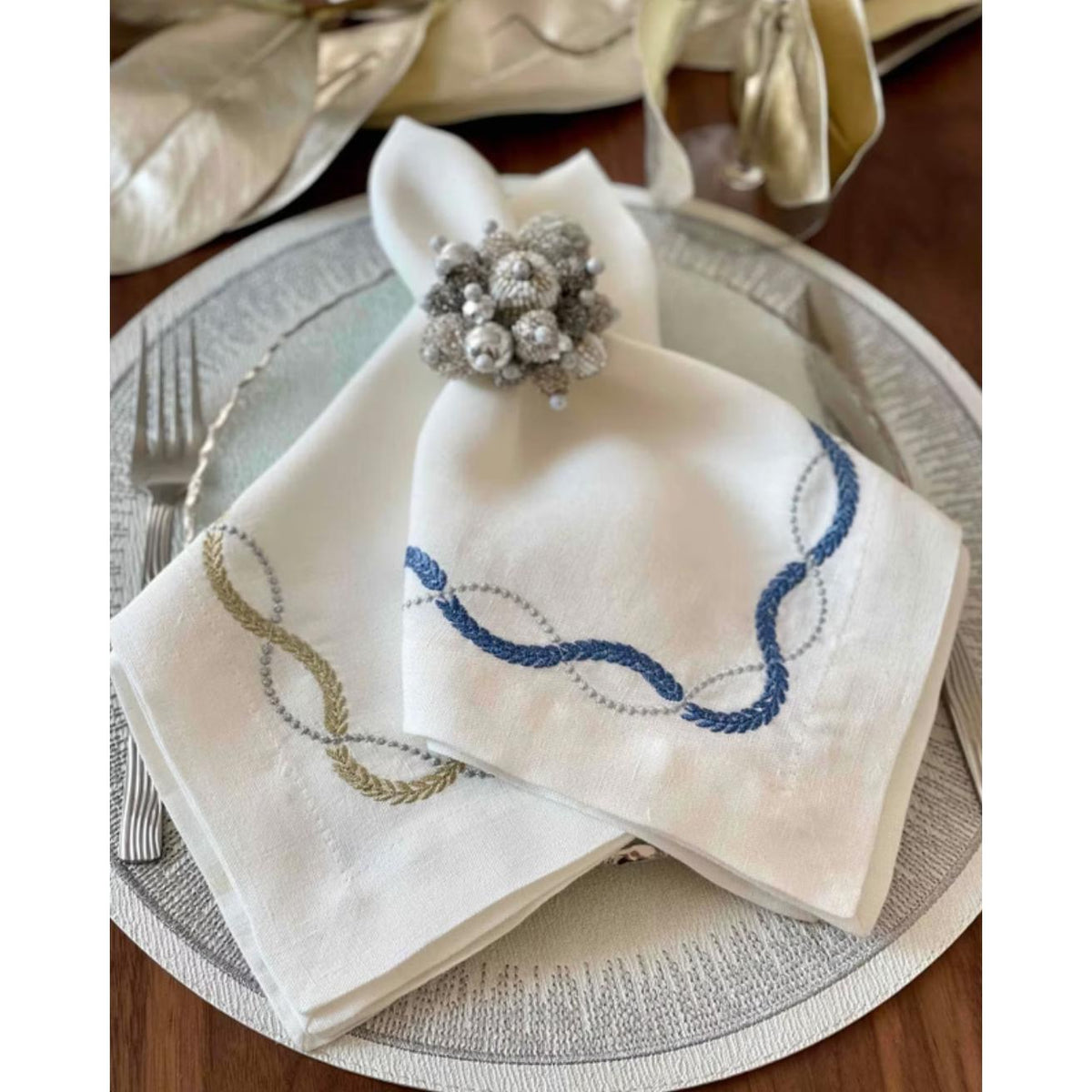 Flare Embroidered Round Placemats, Set 4 - Placemat Side View | Bone & Brass