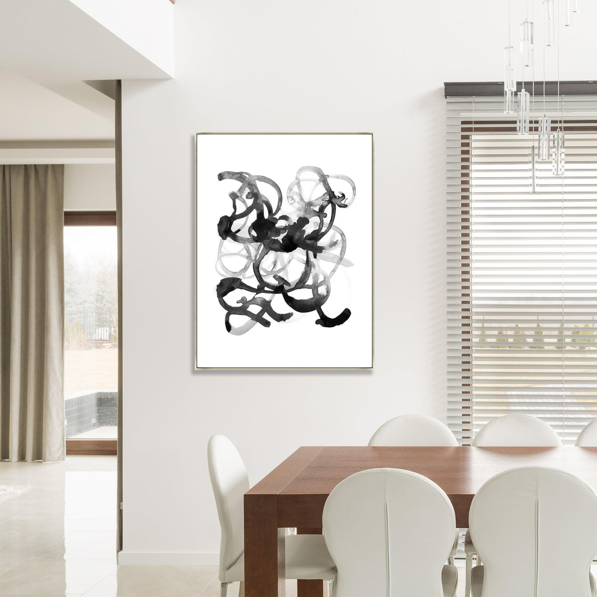 Fern Cassidy's "Following Thought II" giclee canvas art, featuring black abstract brushstrokes in a gold frame.
