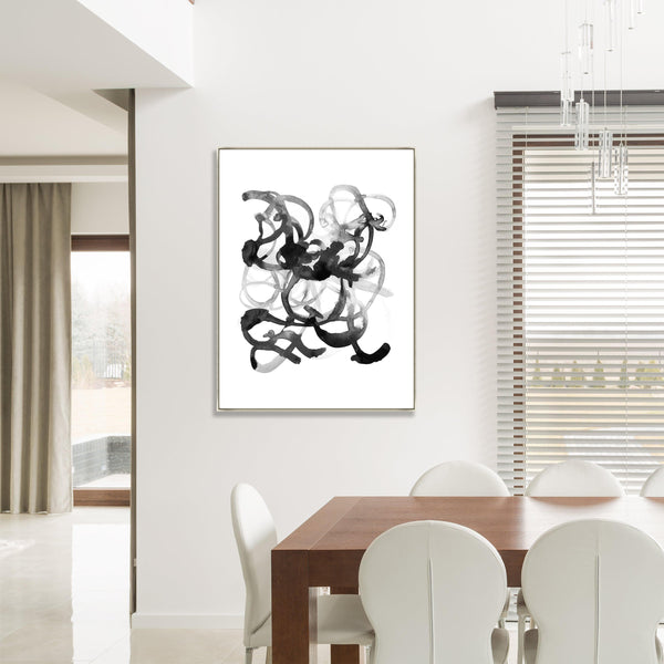 Fern Cassidy's "Following Thought II" giclee canvas art, featuring black abstract brushstrokes in a gold frame.
