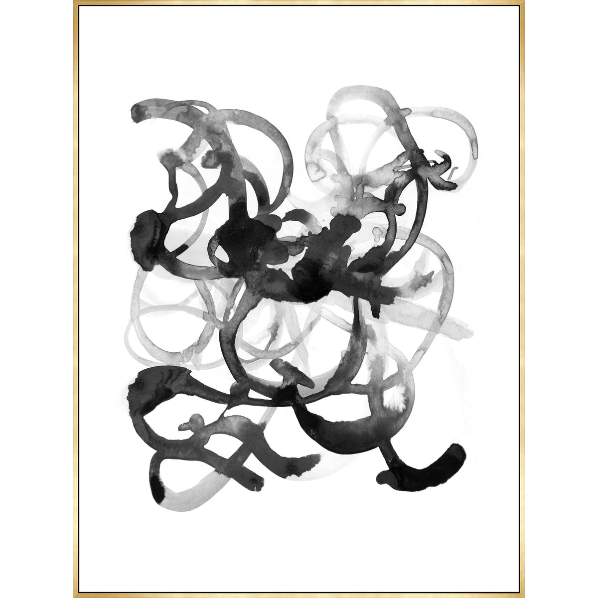 Abstract black and white giclee canvas artwork with brush gel finish strokes, framed in gold.
