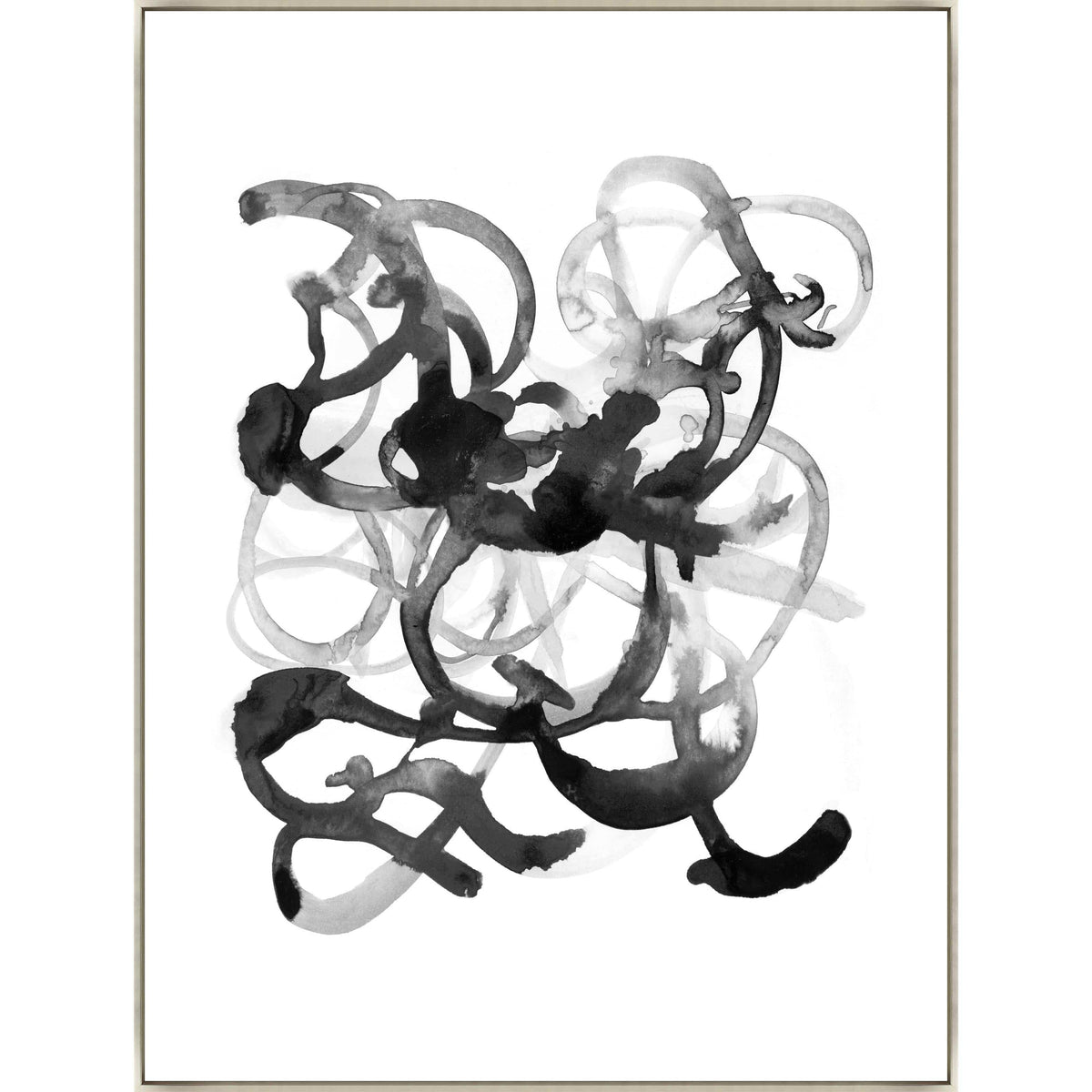 Abstract black and white giclee canvas artwork with brush gel finish, featuring flowing, layered strokes.