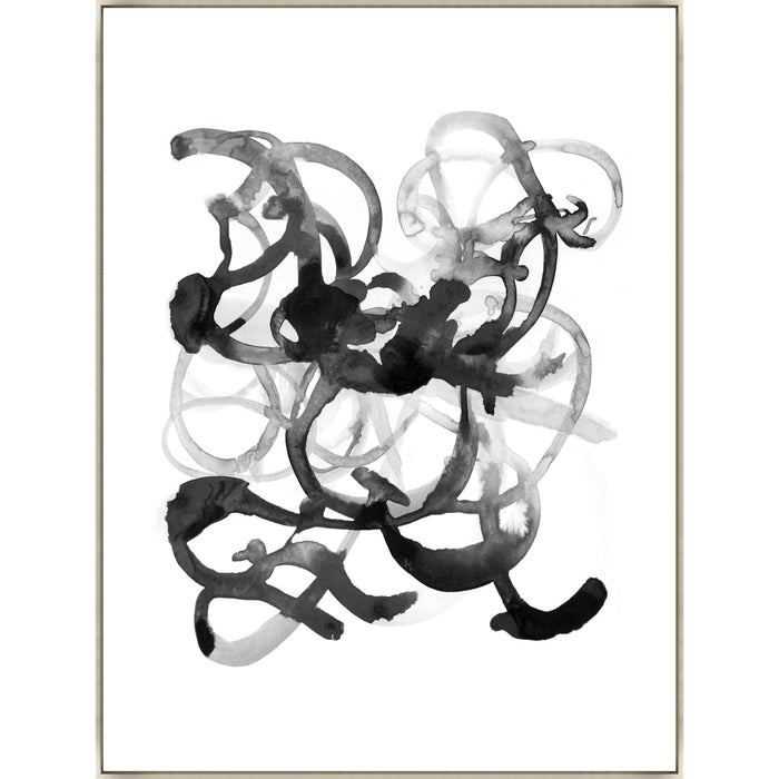 Abstract black and white giclee canvas artwork with brush gel finish, featuring flowing, layered strokes.