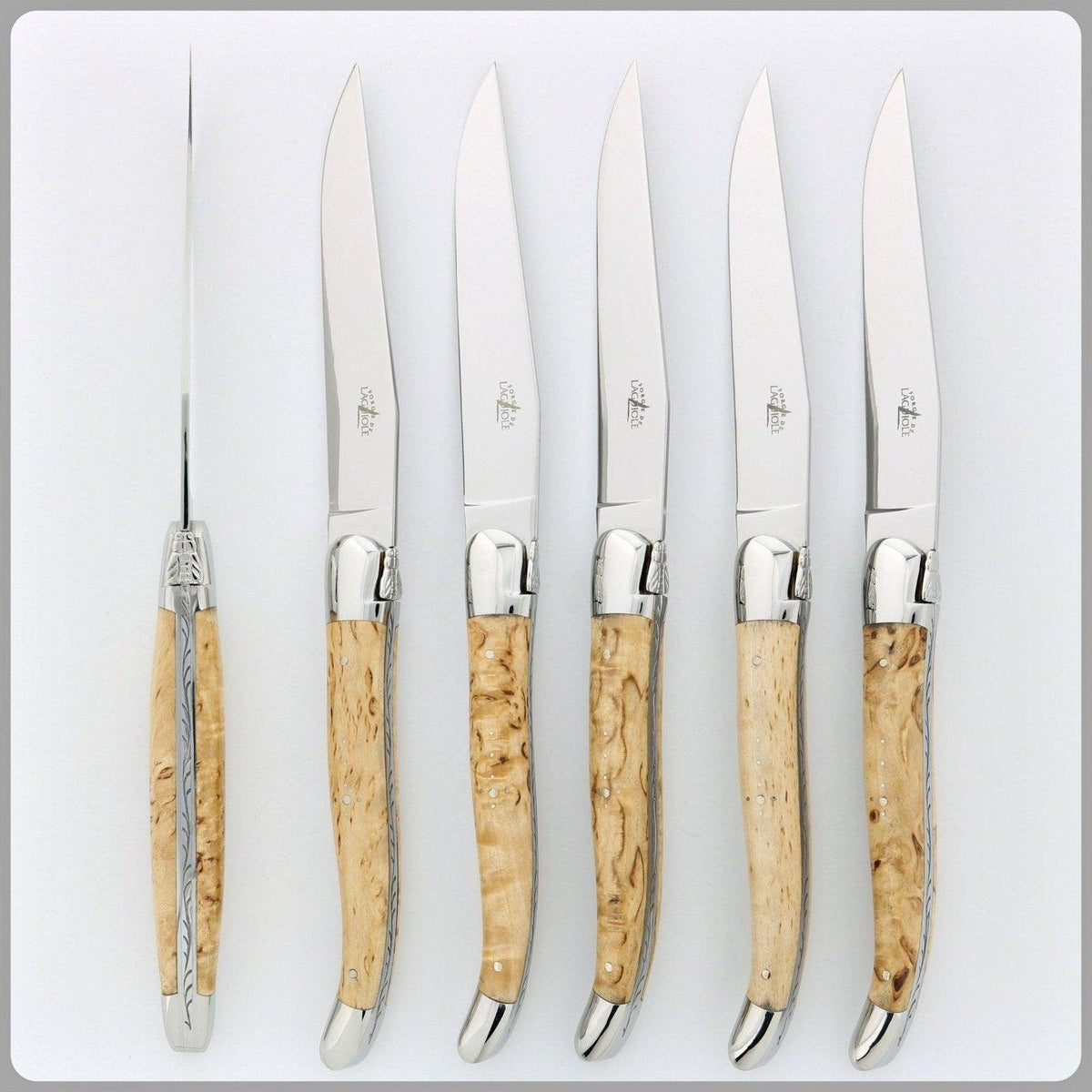 Forge de Laguiole 2 Piece Steak Knife Set Birchwood Handle Shiny - Knife Blade Detail | Bone & Brass