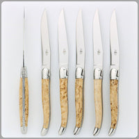 Forge de Laguiole 2 Piece Steak Knife Set Birchwood Handle Shiny - Knife Blade Detail | Bone & Brass