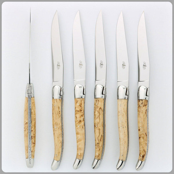 Forge de Laguiole 2 Piece Steak Knife Set Birchwood Handle Shiny