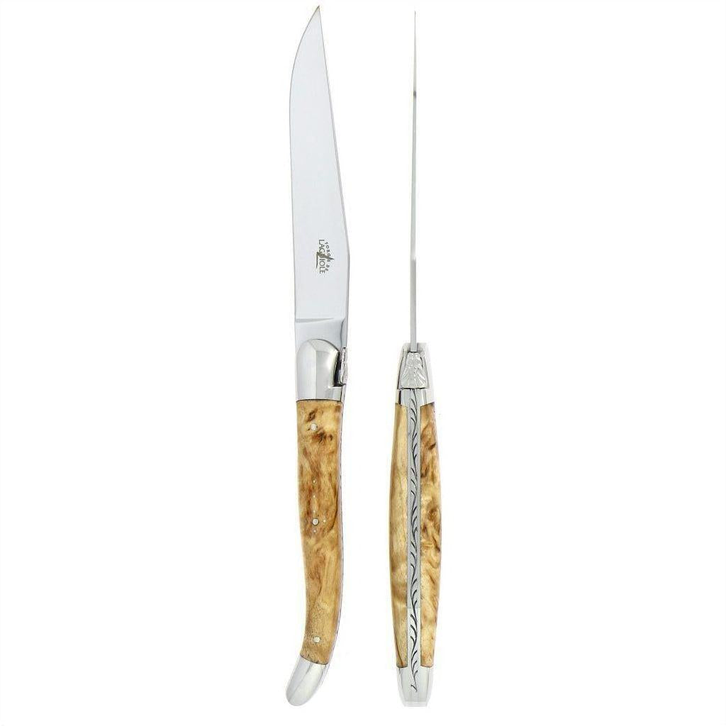 Forge de Laguiole 2 Piece Steak Knife Set Birchwood Handle Shiny