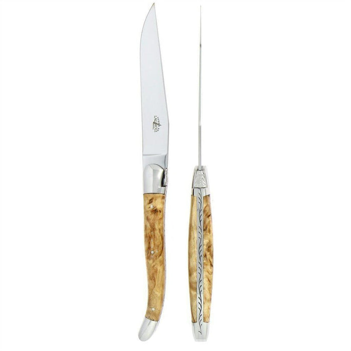 Forge de Laguiole 2 Piece Steak Knife Set Birchwood Handle Shiny