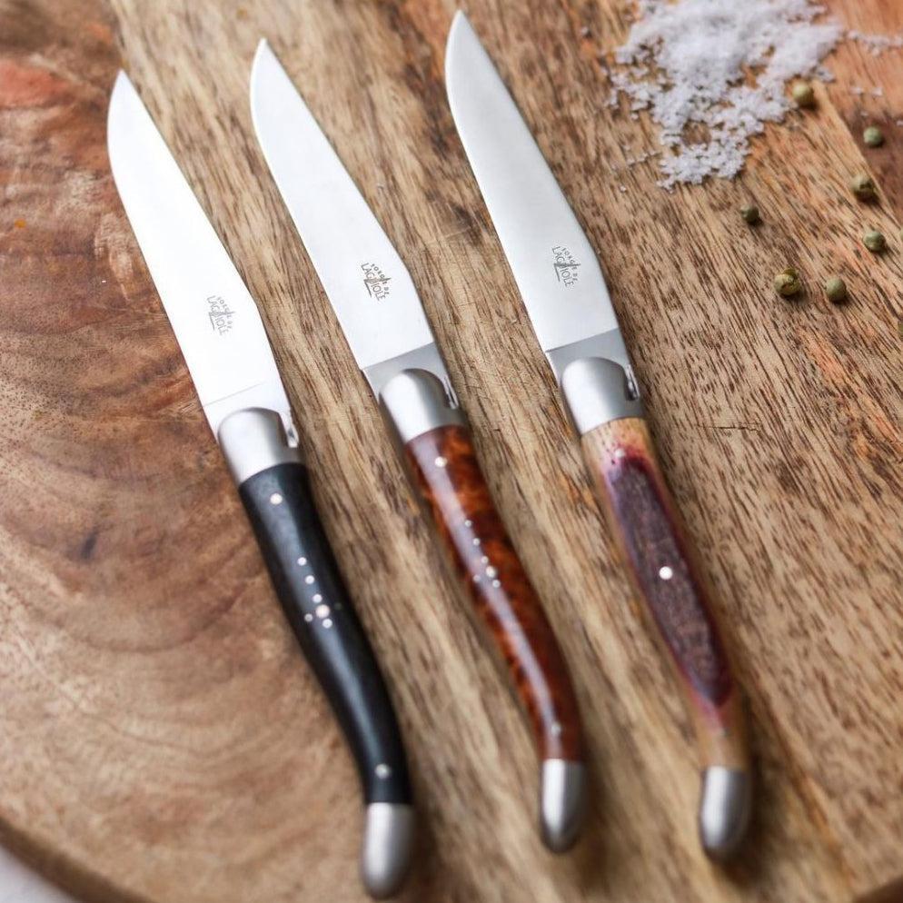 Forge de Laguiole 2 Piece Steak Knife Set Oak Barrel Wood Handle - Knife Detail | Bone & Brass