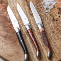 Forge de Laguiole 2 Piece Steak Knife Set Oak Barrel Wood Handle - Knife Detail | Bone & Brass