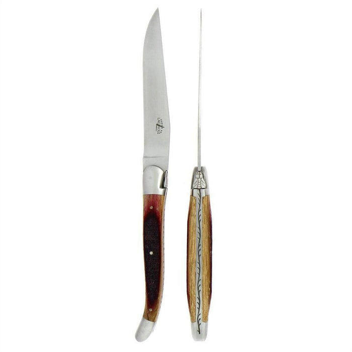 Forge de Laguiole 2 Piece Steak Knife Set Oak Barrel Wood Handle | Bone & Brass