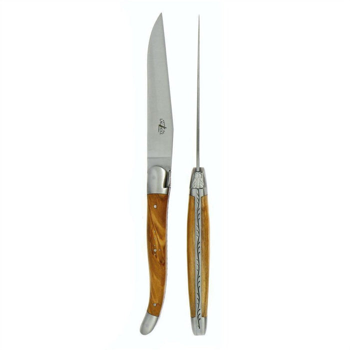 Forge de Laguiole 2 Piece Steak Knife Set Olive Wood Handle Satin