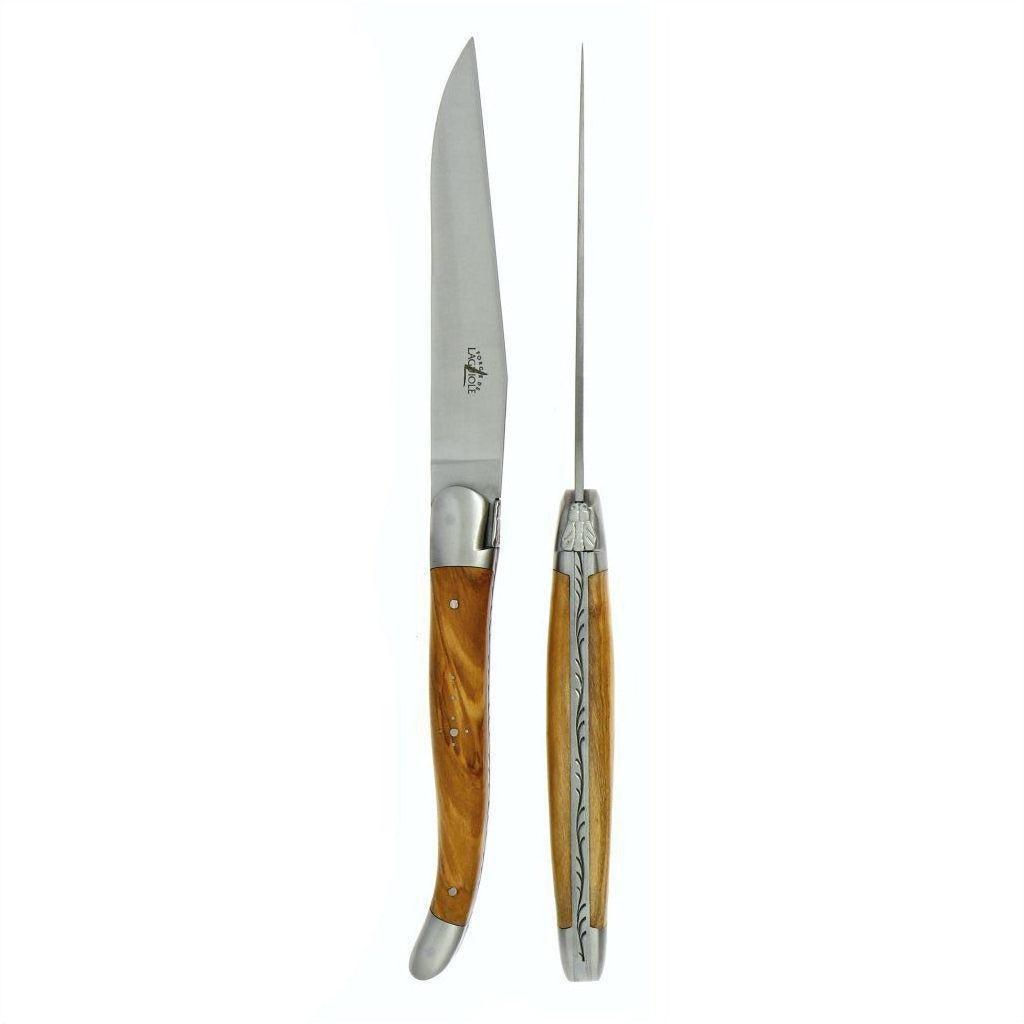 Forge de Laguiole 2 Piece Steak Knife Set Olive Wood Handle Satin
