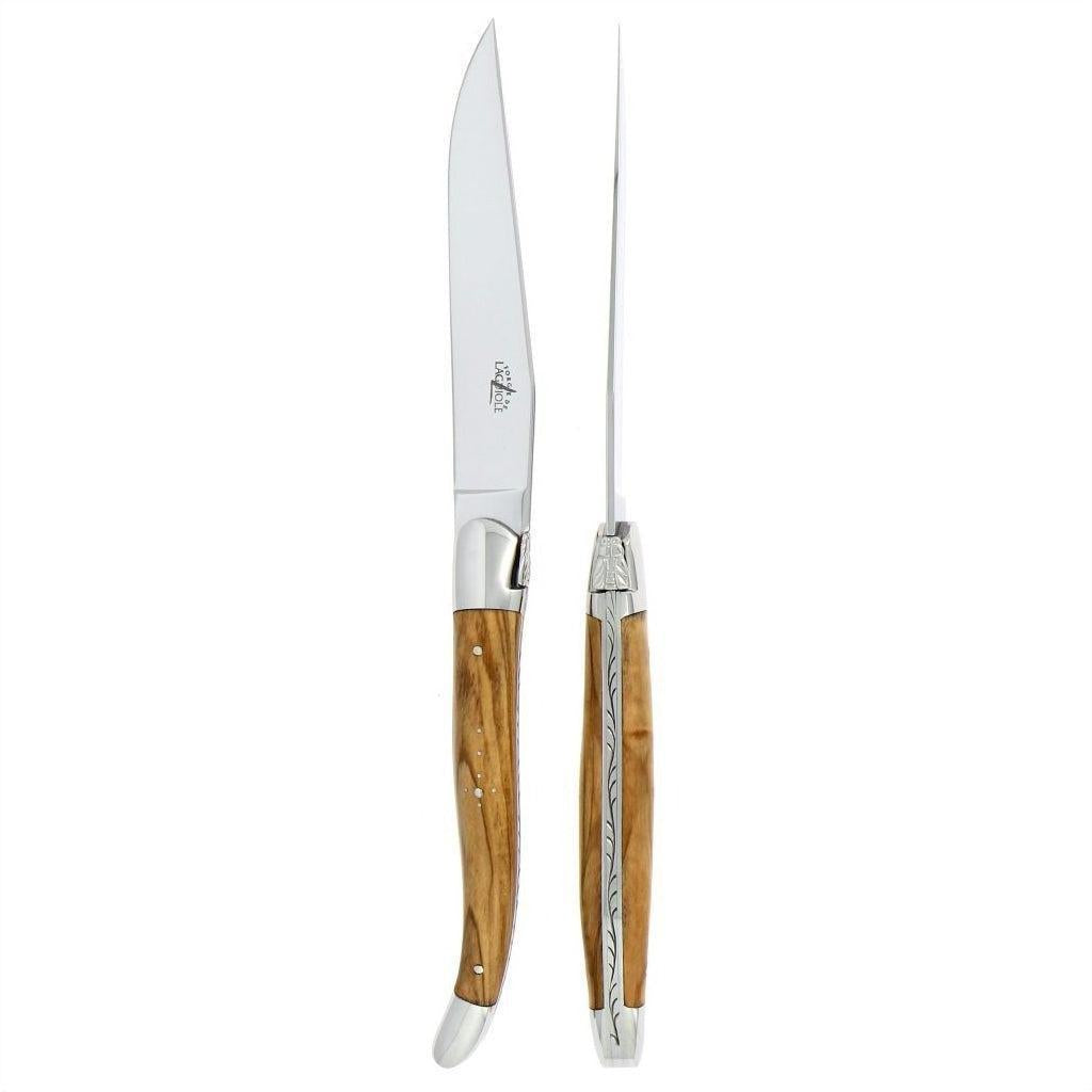 Forge de Laguiole 2 Piece Steak Knife Set Olive Wood Handle Shiny | Bone & Brass