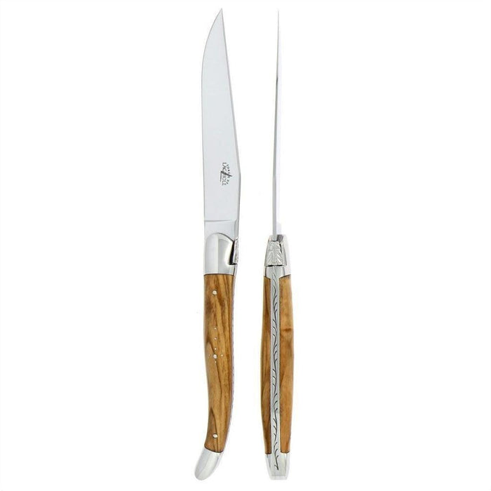 Forge de Laguiole 2 Piece Steak Knife Set Olive Wood Handle Shiny | Bone & Brass